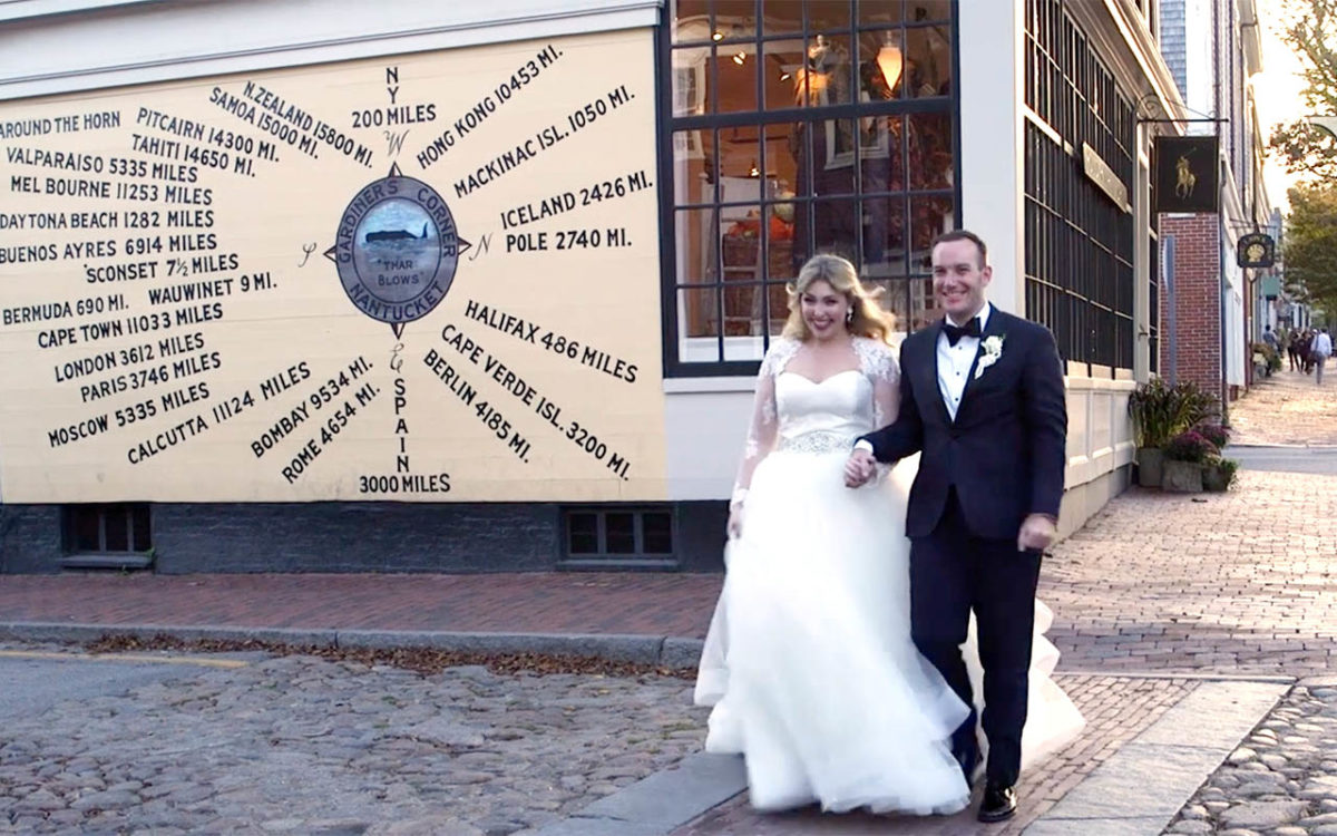 Nantucket wedding couple crossing iconic street