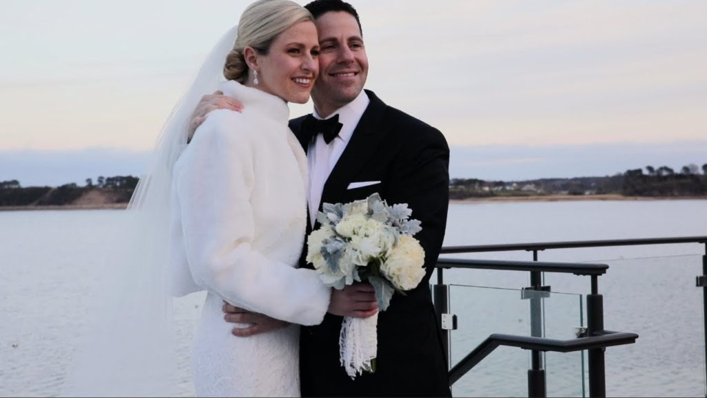 Wequassett Winter Wedding couple smiling during portrait session filmed by Harborview Studios