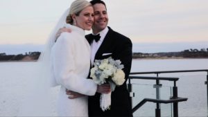 Wequassett Winter Wedding couple smiling during portrait session filmed by Harborview Studios
