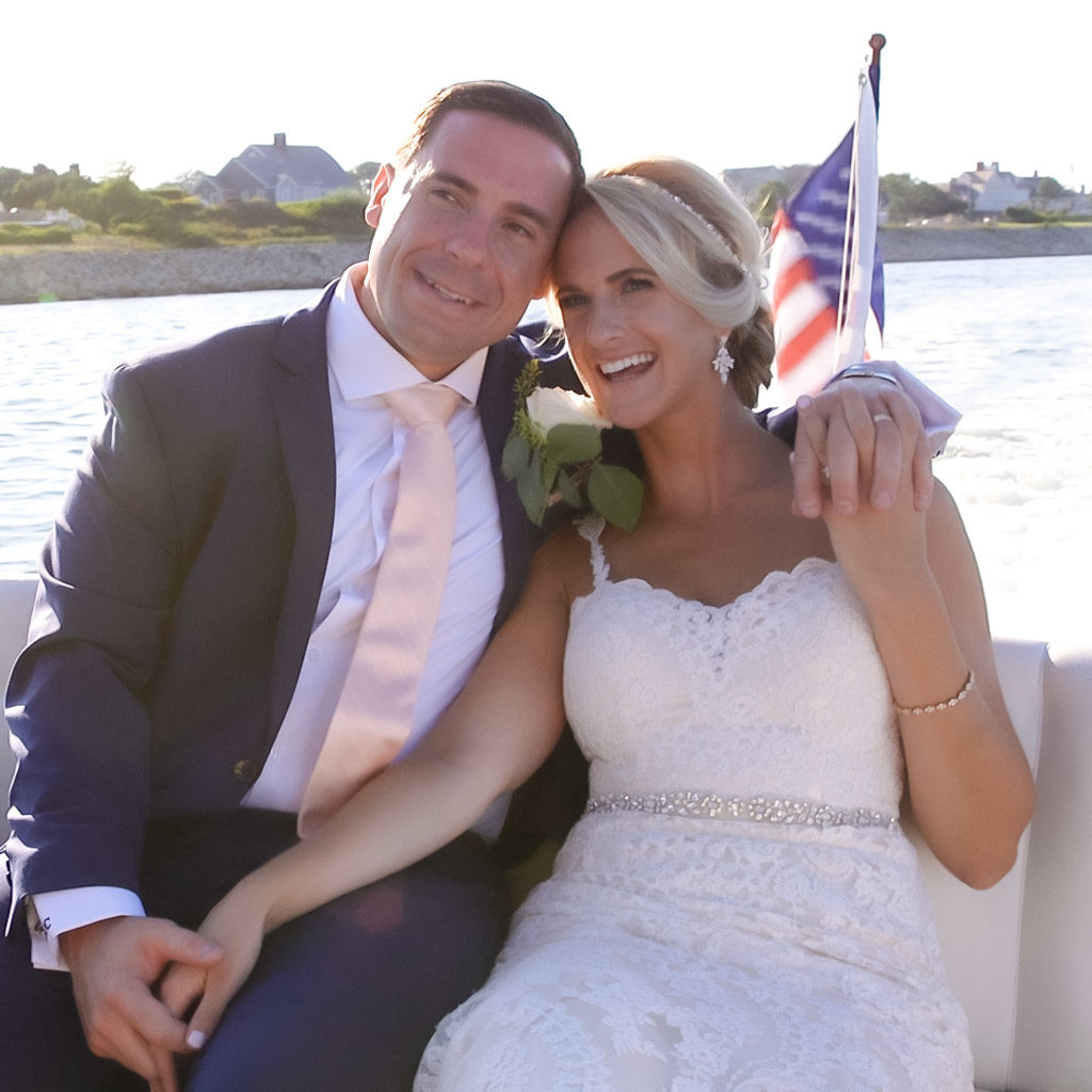 Chatham Bars Inn wedding couple on speed boat filmed by Harborview Studios Wedding Films